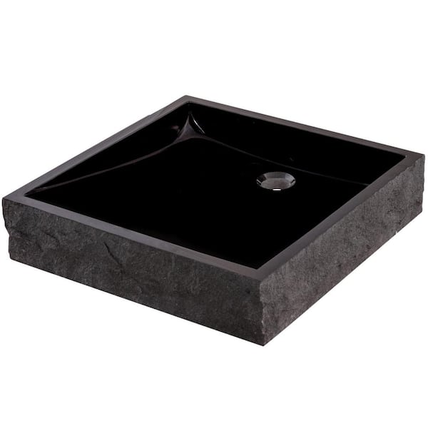 Novatto Square Black Granite Vessel Sink with Chiseled Exterior