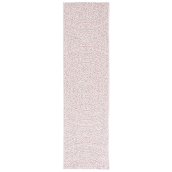 Courtyard Ivory/Soft Pink 2 ft. x 8 ft. Medallion Indoor/Outdoor Runner Rug
