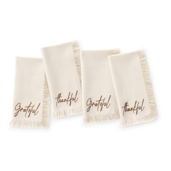 Fringed Harvest Sentiment Napkins, Set of 4, Natural - 17"W x 17"L