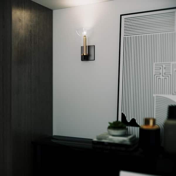 Designers Fountain - Nova 5 in. 1-Light Matte Black Modern Wall Sconce with Clear Seedy Glass Shade and Brushed Gold Accent