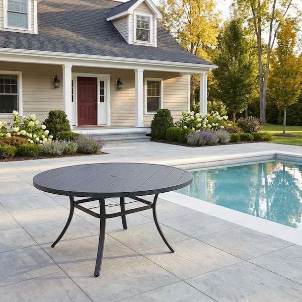 60'' round patio table with umbrella hole Viclla 9-Piece Outdoor Dining Set, 60” Metal & Solana Swivel Chair, Walnut Wood Grain put table base on top of it Umbrella Hole 60 Round Outdoor