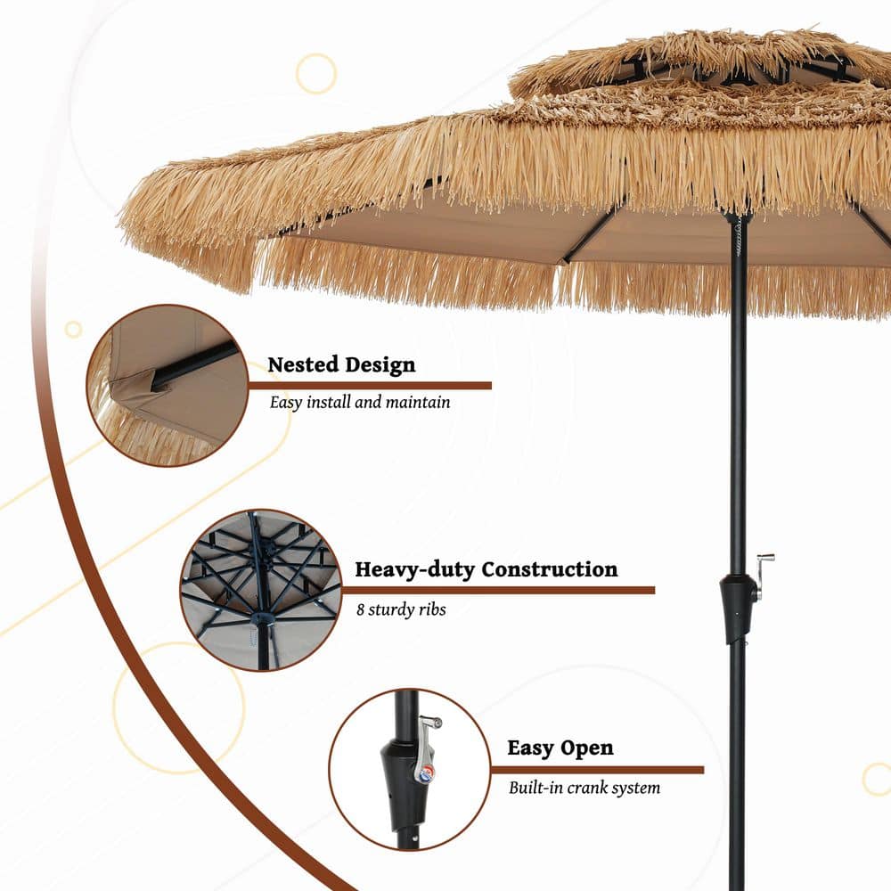 Natural 9 ft. Thatched Tiki Beach Umbrella with Black Steel Pole