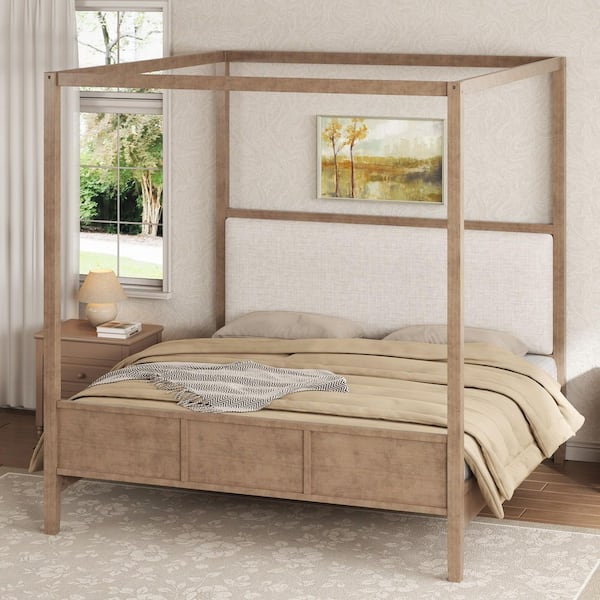 Orio Brown Wood Frame Queen Size Canopy Bed Platform Bed with Linen Upholstery Headboard, Natural Walnut Finish