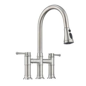 Double Handle Bridge Kitchen Faucet with 3-Function Pull-Down Spray Head in Brushed Nickel