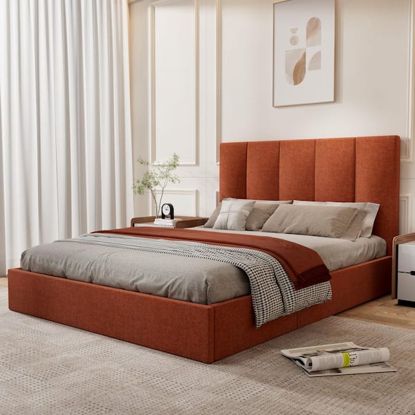 Burnt Orange Plywood Frame Queen Size Linen Upholstered Platform Bed with Lift-up Storage