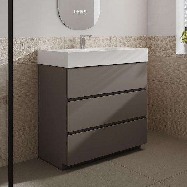 Aaby 36 in. W x 18 in. D x 37 in. H Bath Vanity Cabinet in Gray with White Solid Surface Top and Sink