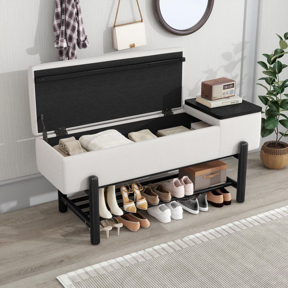 47.2 in. Black Farmhouse Beige Upholstered Entryway Storage Bench with Lift Top Hidden Compartment, Slatted Shoe Rack