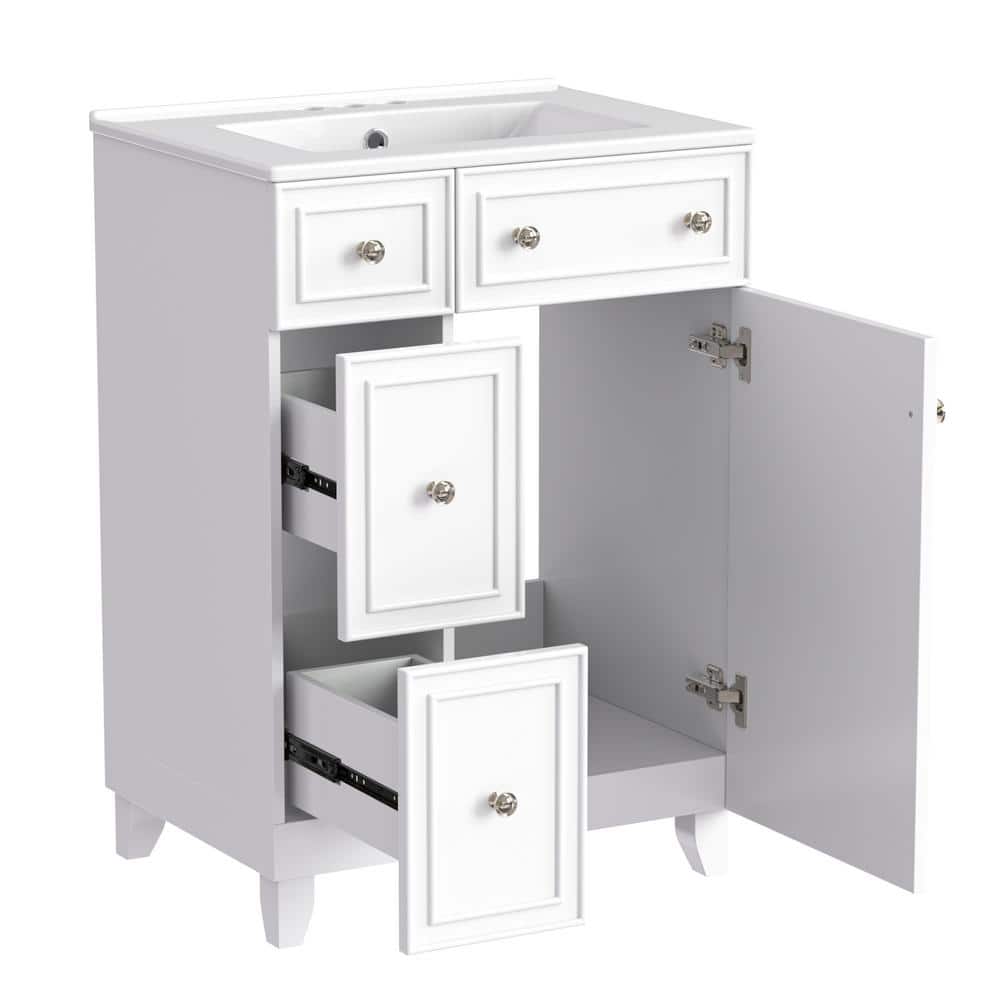 24" White Wood Freestanding Single Sink Bath Vanity with Ceramic Top