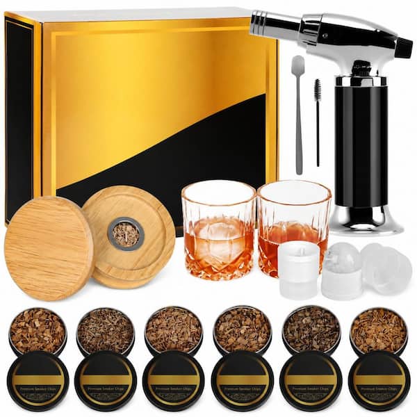 1-Kit Black Oak Wood Whiskey Smoker Kit with Torch, 6 Wood Chips, 2 Glasses, 2 Ice Molds Bar Accessory