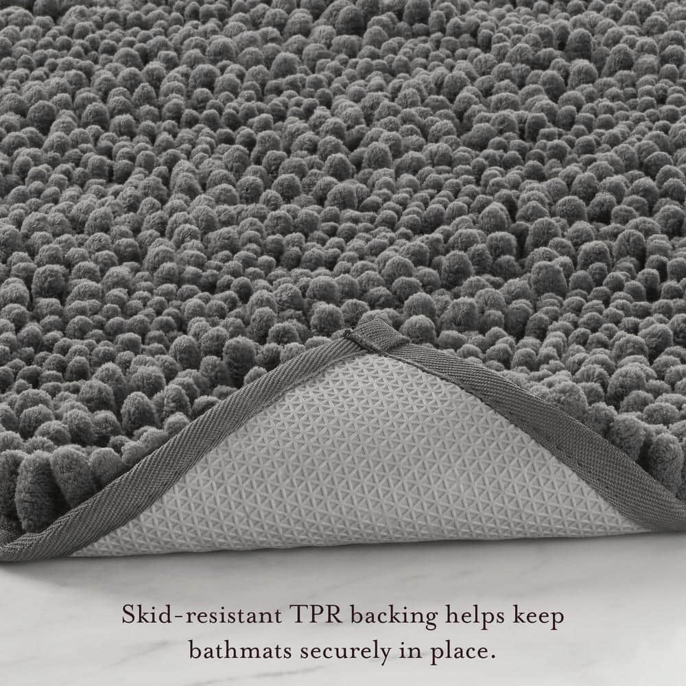 Dark Gray Chenille Non-Slip Bath Mat with Rubber Backing