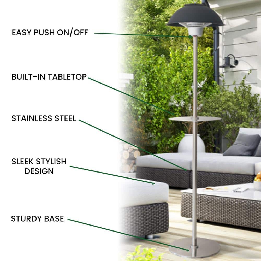 Hanover Black Stainless Steel Electric Infrared Patio Heater with Built-in Table