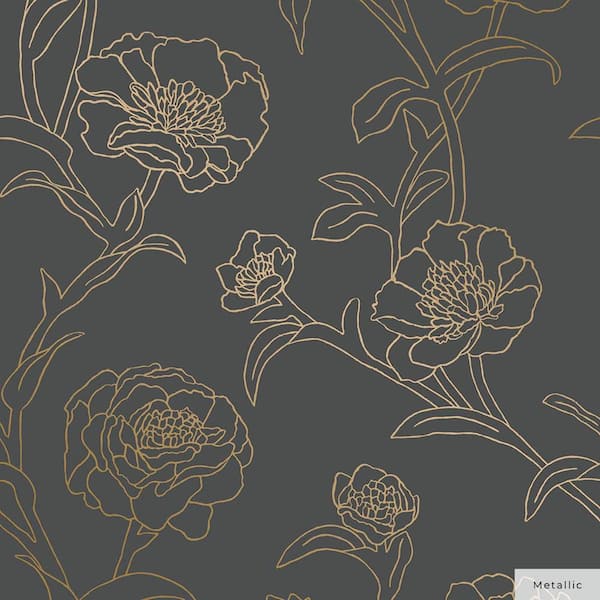 Noir and Metallic Gold Peonies Vinyl Peel and Stick Wallpaper Roll (Covers 28 sq. ft.)