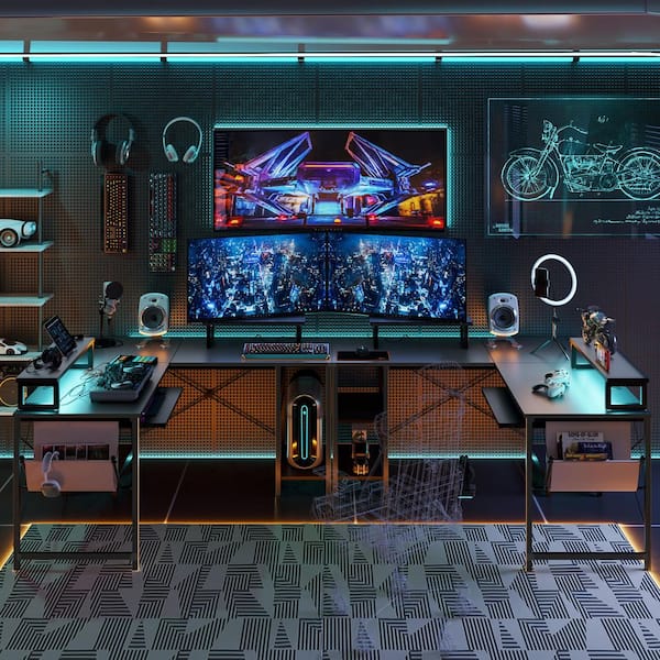 L-Shaped Desk LED 95.2 in. Computer Corner Desk with Keyboard Tray Monitor Stand Gaming Carbon Fiber