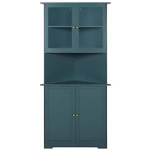 34 in. W x 25 in. D x 71 in. H Blue Corner Linen Cabinet Storage with Adjustable Shelves and Glass Doors in Blue