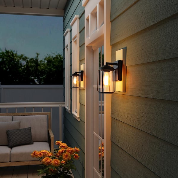 Modern Black Medium Outdoor Light Fixture, 1-Light Wall Lantern Sconce Light with Clear Glass (2-Pack) for Parking Area