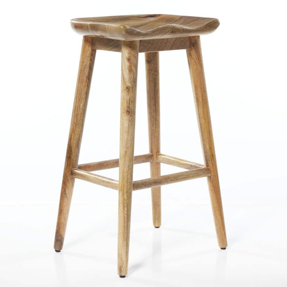 Natural Brown Solid Wood Backless Saddle Counter Stool
