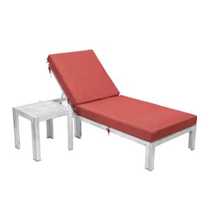 Chelsea Modern Weathered Grey Aluminum Outdoor Patio Chaise Lounge Chair with Side Table and Red Cushions