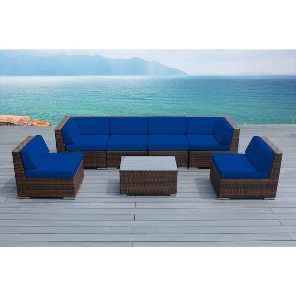 Ohana Depot Ohana Mixed Brown 7-Piece Wicker Patio Seating Set with Sunbrella Pacific Blue Cushions