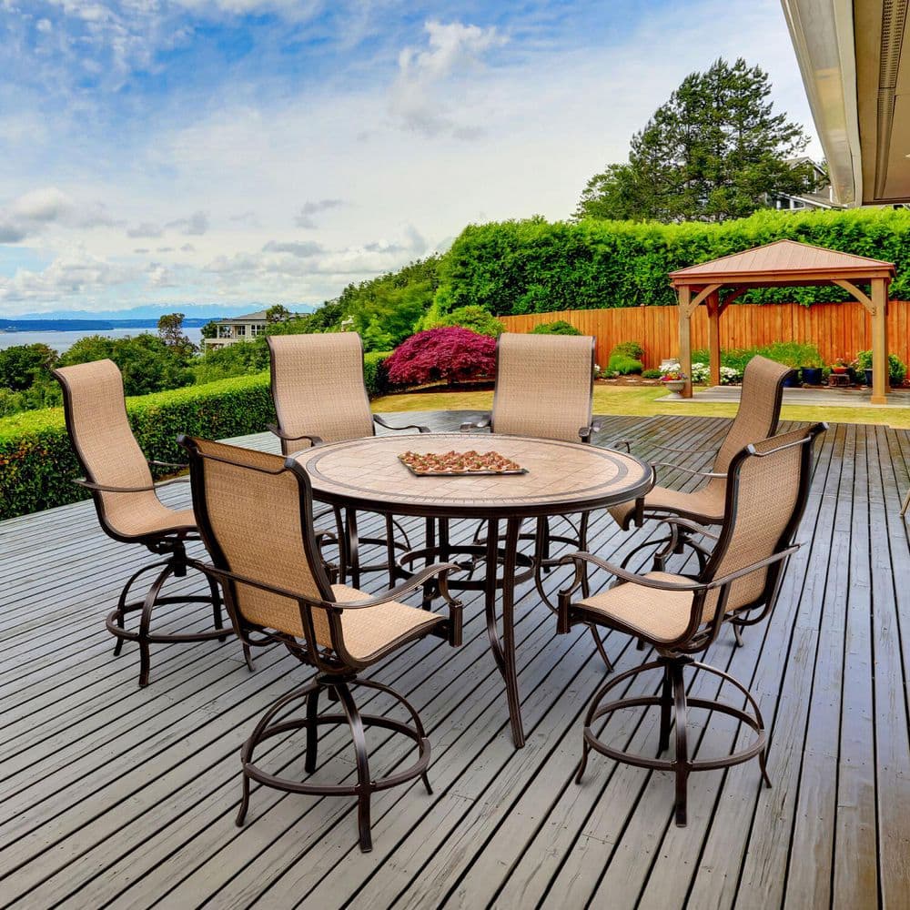 Monaco Tan and Bronze Aluminum 7-Piece High-Dining Set with Round Tile-Top Table