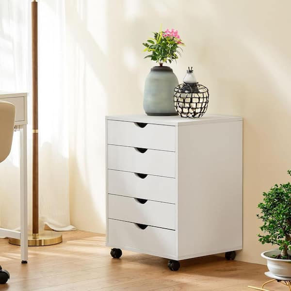 WONDER COMFORT 5-Drawer White Wood 19 in. W Vertical File Cabinet Rolling Organizer Storage Chest with Wheels
