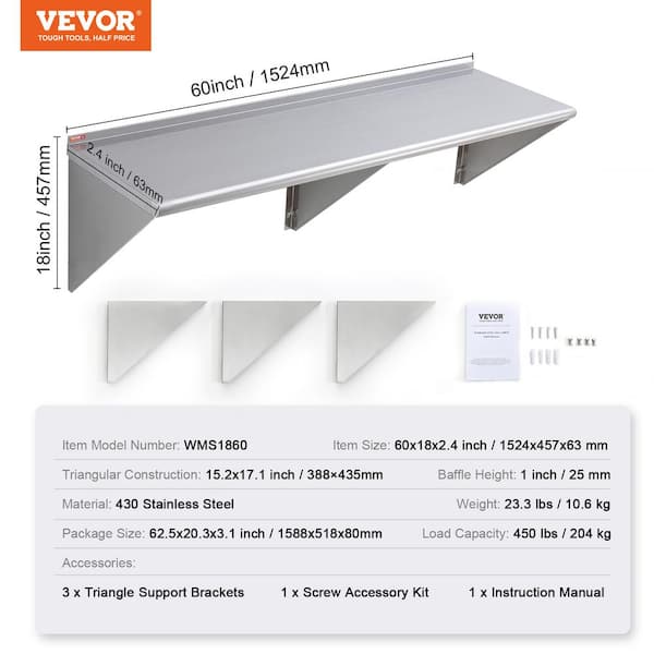 VEVOR Stainless Steel Shelf 24 in. x 8.6 in. Wall Mounted Floating Shelving  with Brackets Pantry Organizers, Silver BGSCTTLL86242HBE0V0 - The Home Depot