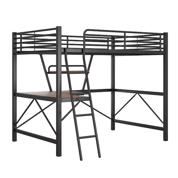 Full Size Loft Metal and MDF Bed with Desk and Shelf, Black