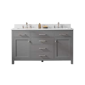 Jasper 60 in. W x 22 in. D Bath Vanity in Gray with Engineered Stone Vanity in Carrara White with White Sinks