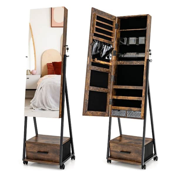 Costway Jewelry Cabinet Armoire Full Length Mirror Lockable with Bottom Drawer and Wheels