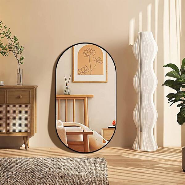 Black 20 in W x 28 in. H Farmhose Oval Aluminium Framed Mirror Wall Mirror Wall Decor Mirror