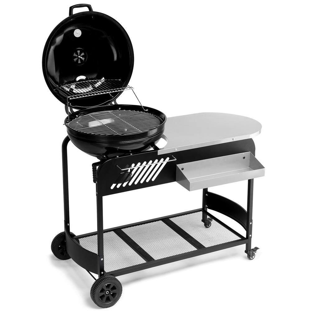 Kettle Portable Table Cart Charcoal Grill With Shelves in Black