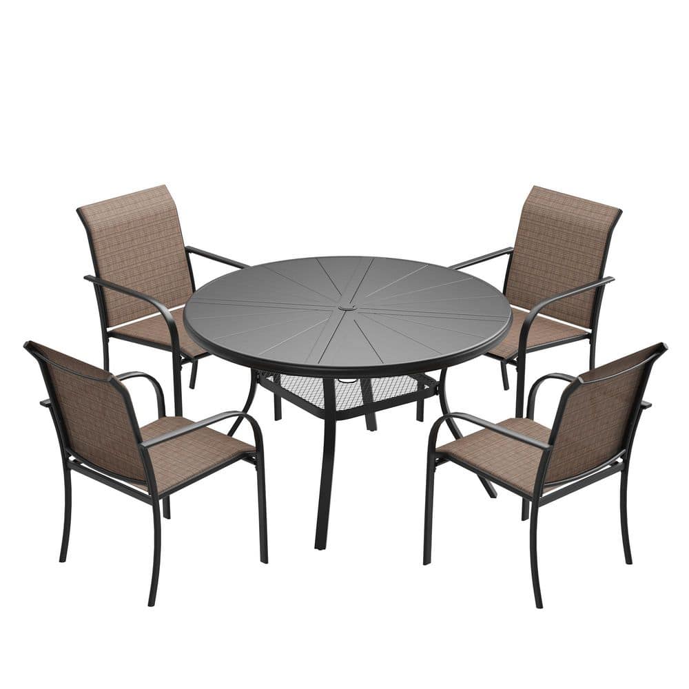 5-Piece Patio Dining Set with 40.6 in. Black Aluminum Round Table and 4-Brown Stackable Dining Chairs for Outdoor Use price history on PriceWatchPro