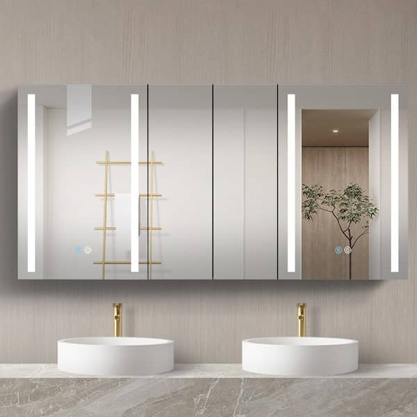 XUJMK Anti-fog 60 in. W x 30 in. H Rectangular Aluminum Medicine Cabinet with Mirror in Silver LED Bathroom Defogging Dimmer