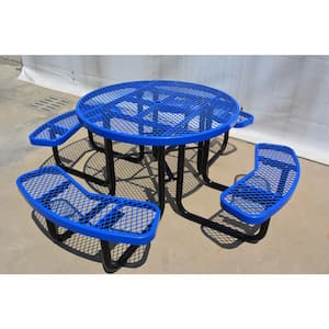 46 in. Round Steel Outdoor Steel Picnic Table with Umbrella Pole in Blue