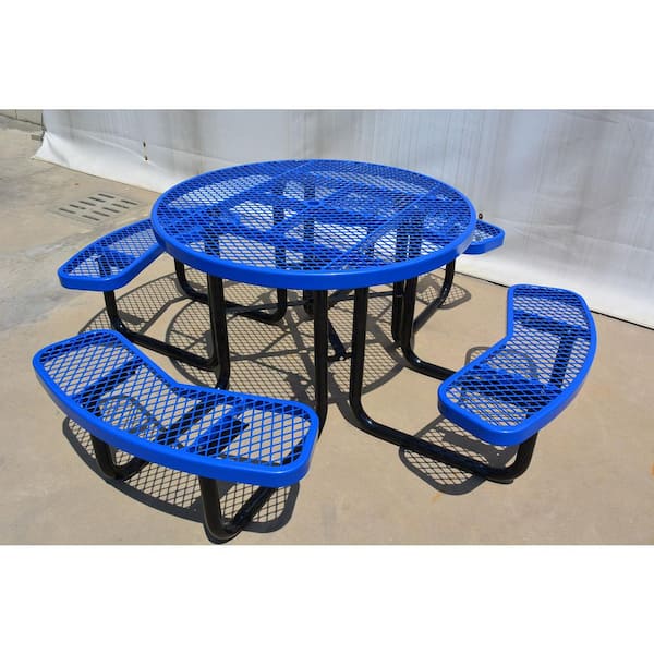 ITOPFOX 46 in. Round Steel Outdoor Steel Picnic Table with Umbrella Pole in Blue