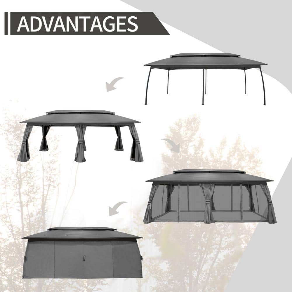 Gray Metal Patio Gazebo with Vented Roof and Curtains