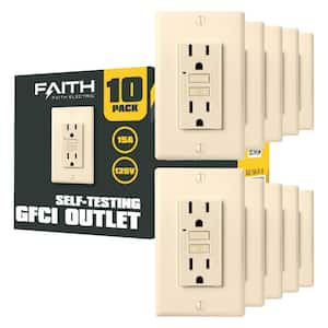15 Amp 125-Volt GFCI Duplex Outlet, GFI Receptacle with Indicator Light, Wall Plate Included, Ivory (10-Pack)