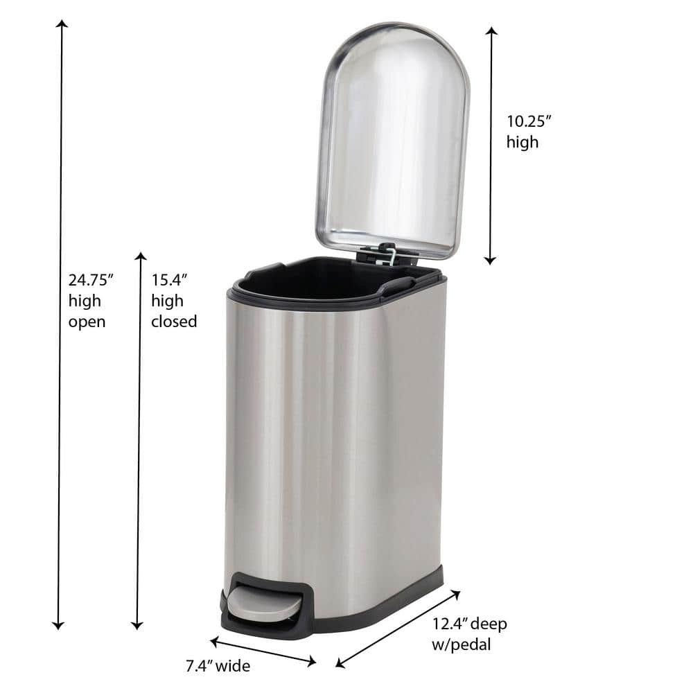 Slim Silver Stainless Steel Pedal Trash Can with Soft Close Lid