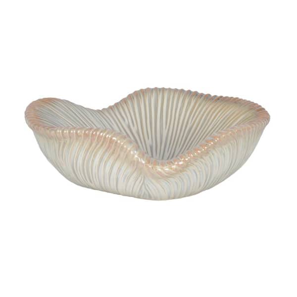 Ivory/Beige Ceramic 14 in. Decorative Ribbed Wavy Mushroom Bowl