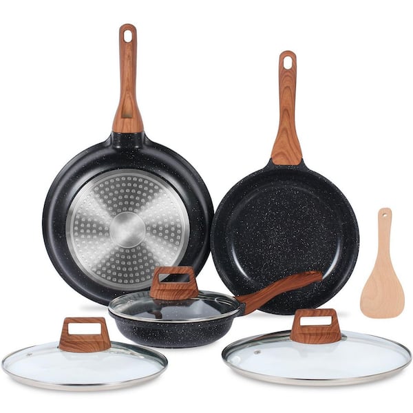 3-Piece Nonstick Aluminum Frying Pans Skillets Set with Lids, Non-Toxic Egg Omelette Cooking Pans Compatible, Black
