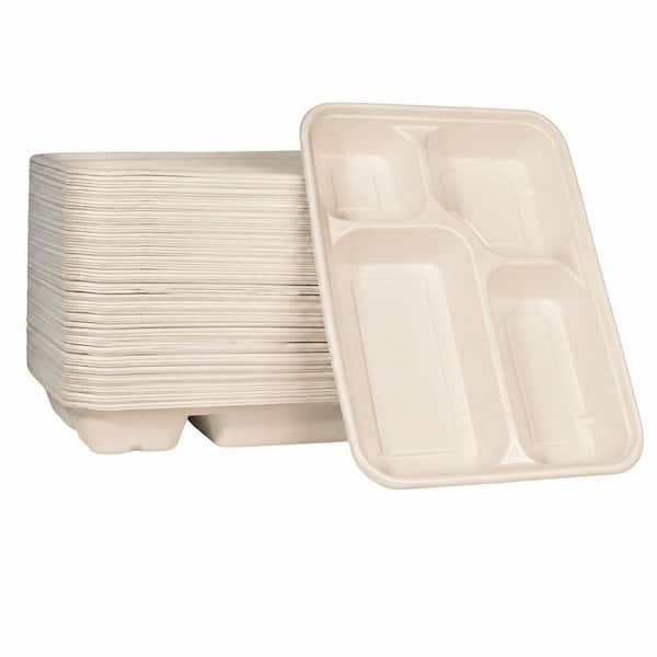 11 in. Natural White Disposable Sugarcane Paper Plates 4 Compartment Heavy Duty Tableware 50 Pack Per Case