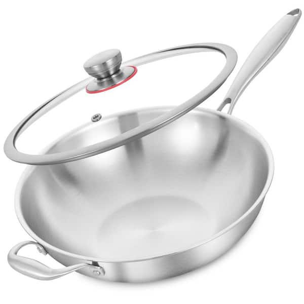 Large 13 in. Silver Stainless Steel Induction Wok with Glass Lid, Tri-Ply Stir Fry Pan with Detachable Handle