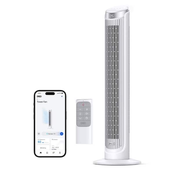 40 in. Smart Tower Fan, 5-Speeds, 12 H Timer, 90° Oscillation with Remote, AC Motor, Wi-Fi Voice Control in White