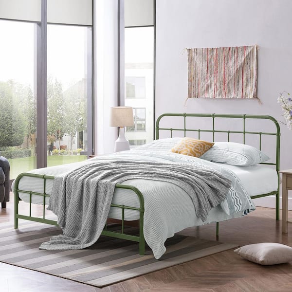 Berthoud Industrial Antique Green Metal Frame Full Size Platform Bed with Rounded Corner Headboard and Footboard