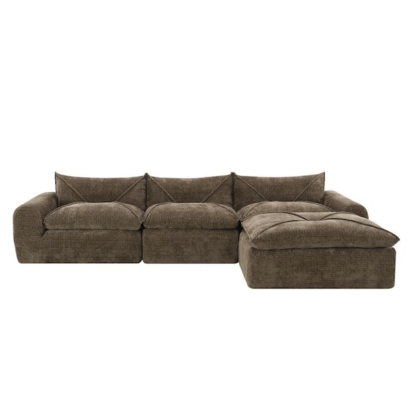 116 in. Chenille Fully Compressed Sectional Sofa in. Brown