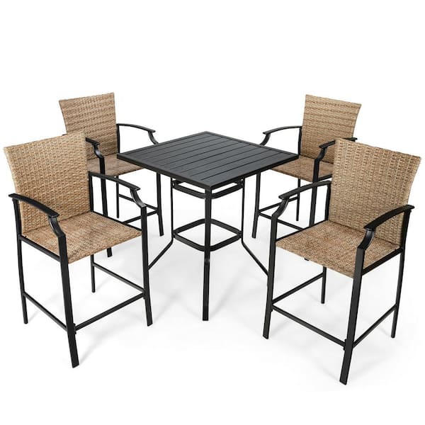 ANGELES HOME 5-Piece Wicker Outdoor Bistro Set, Heavy-Duty Steel Frame with Beige Cushions