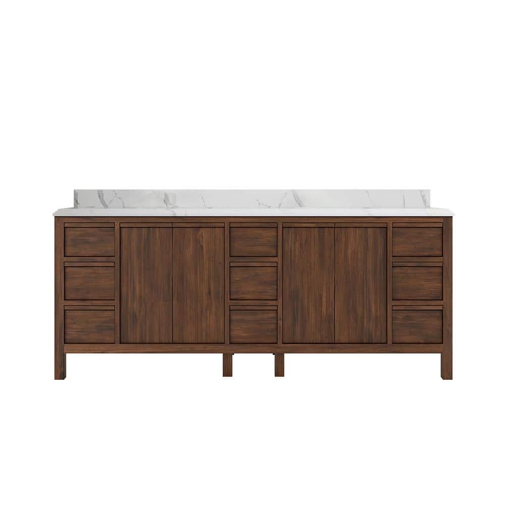 84'' Dark Walnut Teak Double Bathroom Vanity with Quartz Top
