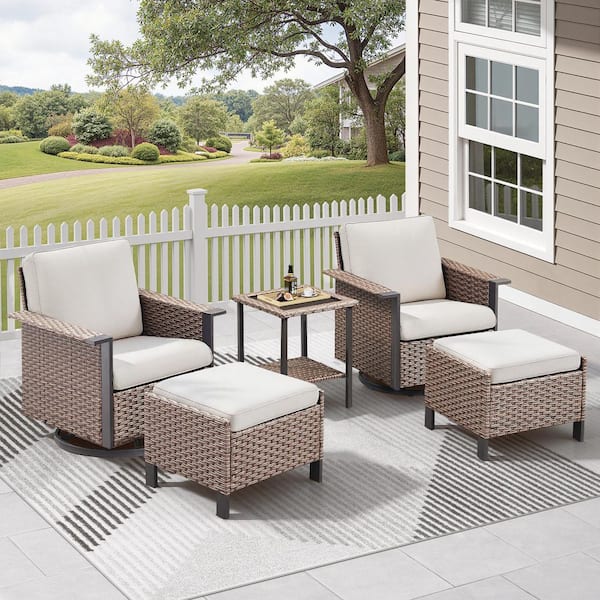 5-Piece Wicker Outdoor Rocking Chair Set with Swivel Glider, Patio Lounge Conversation Set with Beige Cushions