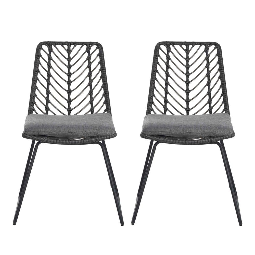 Black Metal Outdoor Lounge Chair with Gray Cushion (Pack of 2) Y
