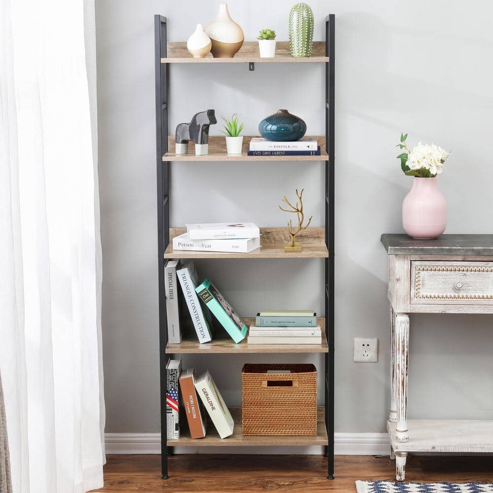 Industrial Black Metal and Wood 5-Shelf Etagere Bookcase