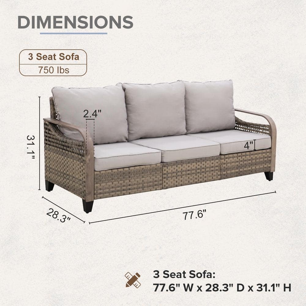 Outdoor Beige Wicker and Steel Three-Seat Sectional Sofa with Gray Cushions